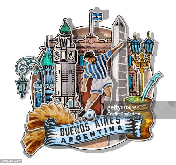 buenos aires argentina drawing with important buildings and symbols - tourism logo stock illustrations