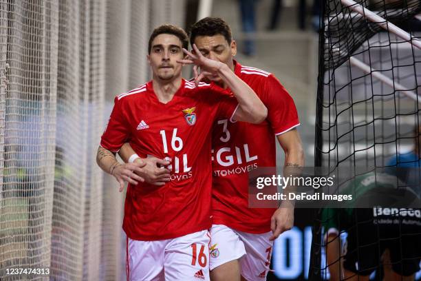 Lisbon, Portugal, : Bruno Cintra celebrates after scoring during the Futsal Super Cup match between Sporting CP v SL Benfica at Pavilhao Joao Rocha...