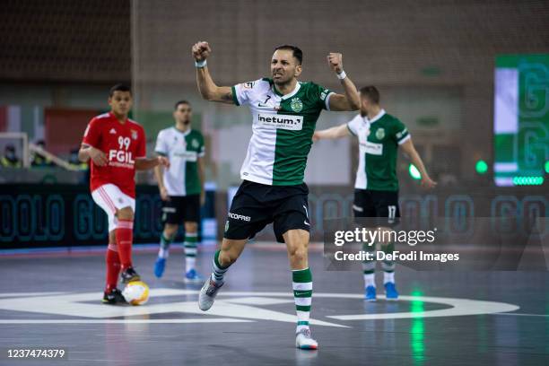 Lisbon, Portugal, : Fernando Cardinal celebrates after scoring during the Futsal Super Cup match between Sporting CP v SL Benfica at Pavilhao Joao...