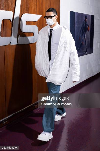 Kyle Kuzma of the Washington Wizards arrives to the arena prior to the game against the Cleveland Cavaliers on December 30, 2021 at Capital One Arena...