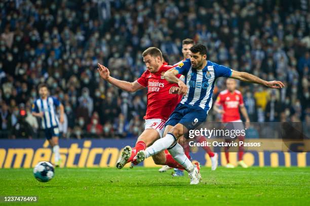 Mehdi Taremi of FC Porto shots and scoring his sides third goal during the Liga Portugal Bwin match between FC Porto and SL Benfica at Estadio do...