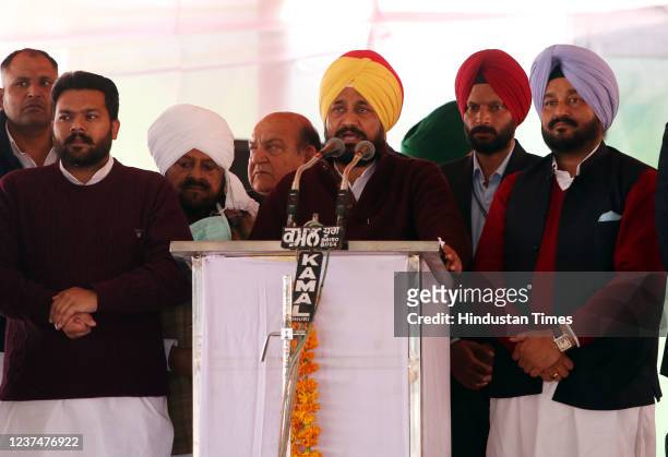 Punjab Chief Minister Charanjit Singh Channi addresses the gathering during an election rally at Rampura on December 30, 2021 in Bathinda, India.
