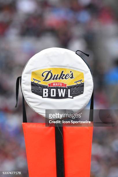 The Dukes Mayo Bowl logo sits on top a yard marker during Dukes Mayo Bowl between the South Carolina Gamecocks and the North Carolina Tar Heels on...