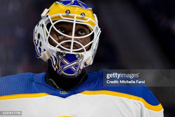 Malcolm Subban of the Buffalo Sabres looks on against the New York Islanders at UBS Arena on December 30, 2021 in Elmont, New York.