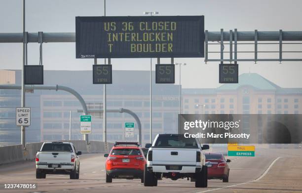 Highway signage along US 36 warns drivers of the closure of the highway due to wildfires in the area on December 30, 2021 in Broomfield, Colorado....