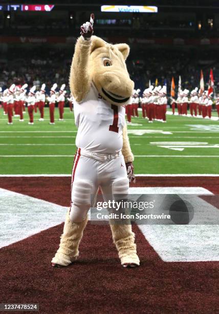 Oklahoma Sooners mascot Boomer dances during the Valero Alamo Bowl football game against the Oregon Ducks at the Alamodome on December 29, 2021 in...