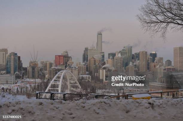Winter view of downtown Edmonton during very cold weather with temperatures close to -30C. On Thursday, December 30 in Edmonton, Alberta, Canada.