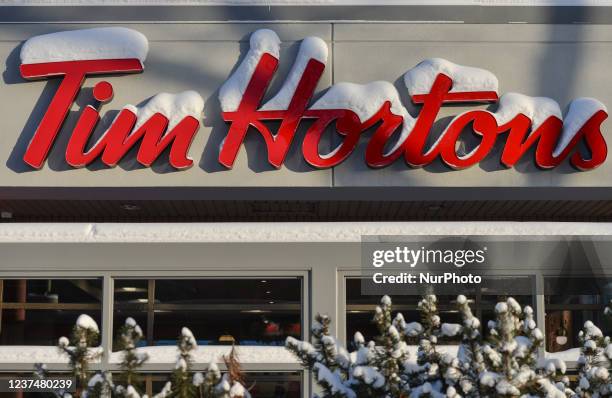 Tim Hortons logo. On Thursday, December 30 in Edmonton, Alberta, Canada.