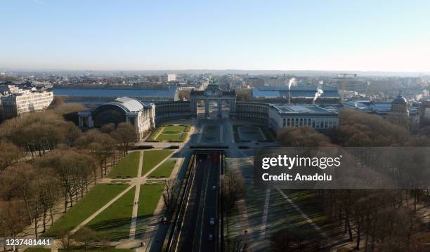 An aerial view of Cinquantenaire Park in Belgium's capital Brussels on December 30, 2021.