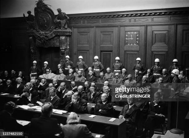 Photo taken around 1946 shows a view of the defendants bench at the Nuremberg International Military Tribunal court where the nazi leaders of the...