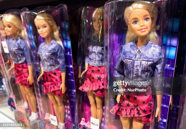 Barbie dolls are seen at the toy shop in Krakow, Poland on December 30, 2021.