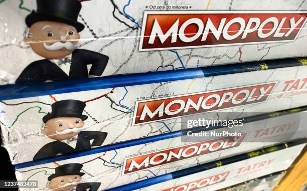Monopoly logos are seen on board games at the store in Krakow, Poland on December 30, 2021.