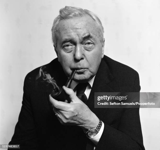 British politician Harold Wilson , who served as the Labour Prime Minister of the United Kingdom twice, photographed at his Constituency office in...