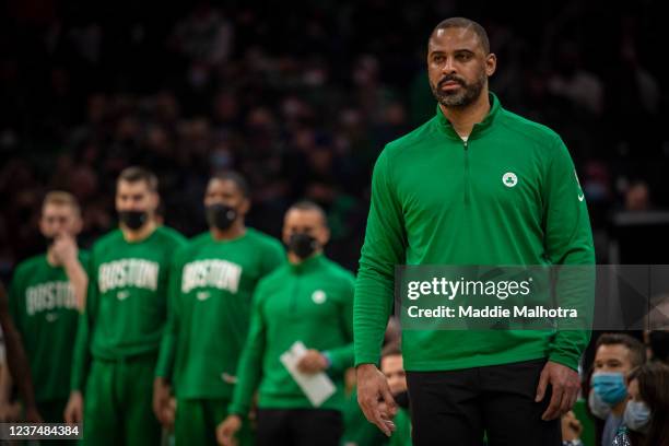 Head Coach Ime Udoka of the Boston Celtics looks on during the first half of a game against the Phoenix Suns at TD Garden on December 31, 2021 in...