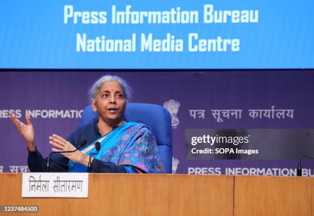 Indian Finance Minister Nirmala Sitharaman addresses the media during her press conference at National Media Centre in New Delhi. Nirmala Sitharaman...