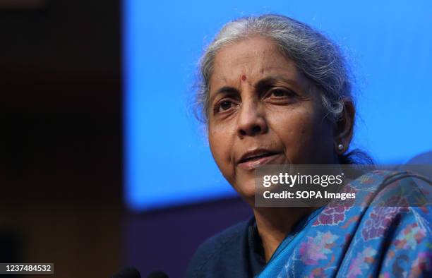 Indian Finance Minister Nirmala Sitharaman addresses the media during her press conference at National Media Centre in New Delhi. Nirmala Sitharaman...