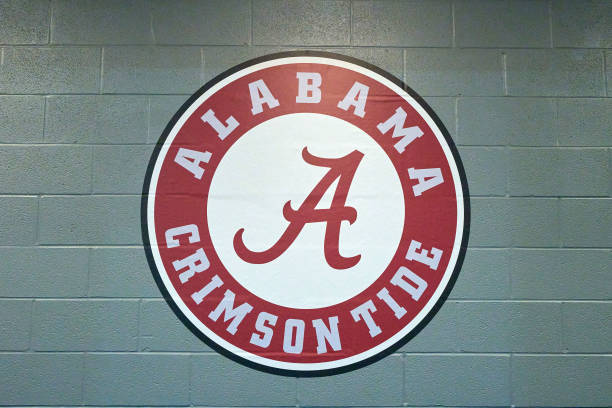 Detail view of the Alabama Crimson Tide logo is seen on a wall during the CFP Semifinal Goodyear Cotton Bowl game between the Cincinnati Bearcats and...
