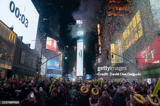 The New Year's Eve ball drops in Times Square on December 31, 2021 in New York City. Despite record numbers of COVID-19 cases across the city and...