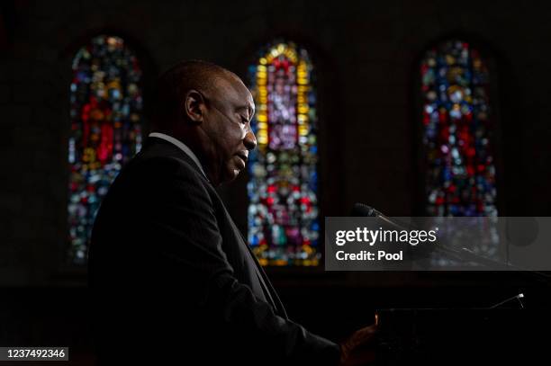 South African President Cyril Ramaphosa speaks during the funeral of emeritus Archbishop and Nobel peace laureate, Desmond Tutu at the St Georges...