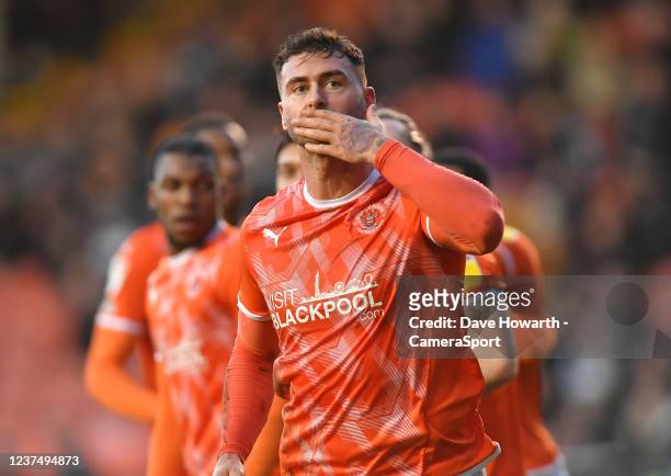 Blackpool's Gary Madine celebrates scoring his teams first goal during the Sky Bet Championship match between Blackpool and Hull City at Bloomfield...