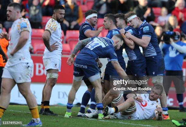 Rohan Janse Van Rensburg of Sale Sharks reacts after scoring a try during the Gallagher Premiership Rugby match between Sale Sharks and Wasps at AJ...