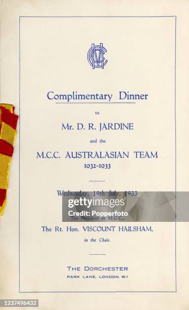 The menu card for the dinner honouring captain Douglas Jardine and the victorious MCC Australiasian cricket team, following their triumphant Tour to...