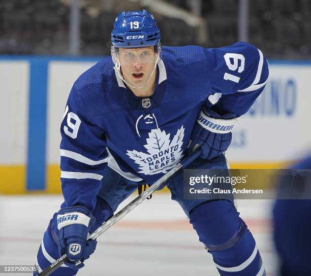 Jason Spezza of the Toronto Maple Leafs waits for a puck drop against the Ottawa Senators during an NHL game at Scotiabank Arena on January 1, 2022...