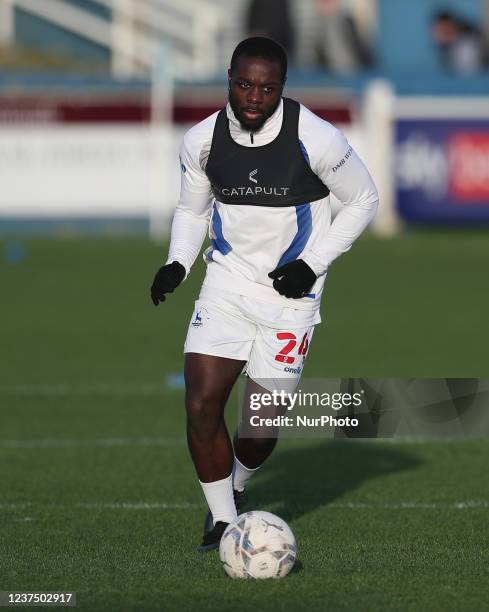 Olufela Olomola of Hartlepool United warms up during the Sky Bet League 2 match between Hartlepool United and Oldham Athletic at Victoria Park,...