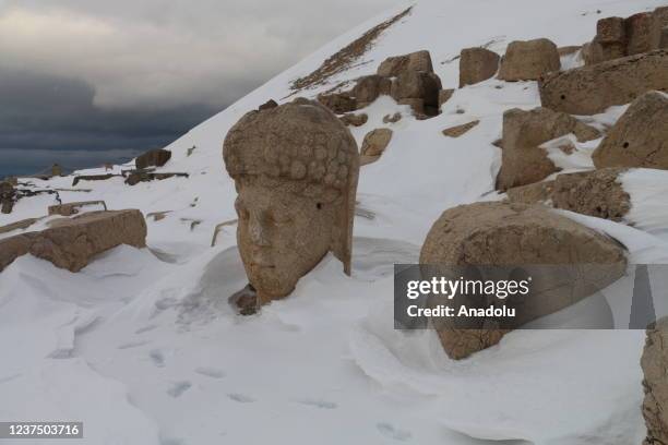View of ancient remains of the Mount Nemrut, which is listed in the UNESCO's World Heritage List, in Adiyaman, Turkey on January 01, 2021.