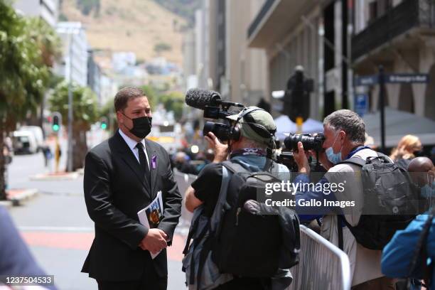 Cape Town Mayor Geordin Hill-Lewis speaks to media outside at the official funeral of Archbishop Desmond at George?s Cathedral Church on January 01,...