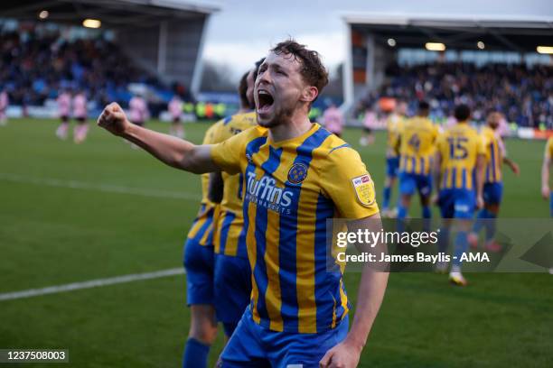 Matthew Pennington of Shrewsbury Town celebrates after scoring a goal to make it 1-0 during the Sky Bet League One match between Shrewsbury Town and...