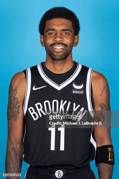 Kyrie Irving of the Brooklyn Nets poses for a head shot during NBA Media Day on December 29, 2021 at Barclays Center in Brooklyn, New York. NOTE TO...