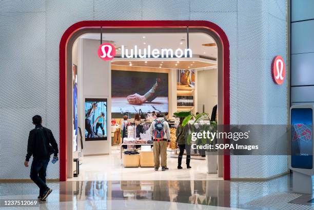 Canadian sportswear clothing band, Lululemon logo and store seen in Hong Kong.