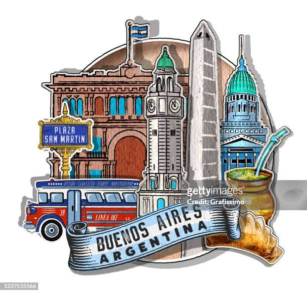 buenos aires argentina drawing with important buildings and symbols - yerba mate stock illustrations