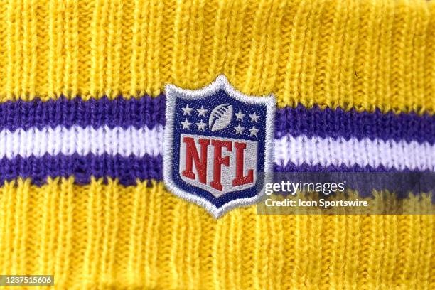 Detail view of a NFL crest logo is seen on a Minnesota Vikings winter hat during a game between the Chicago Bears and the Minnesota Vikings on...