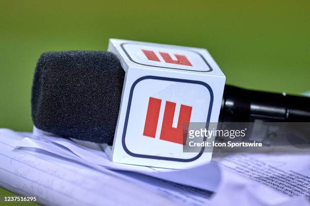 Detail view of a microphone is seen with an ESPN logo on it during a game between the Chicago Bears and the Minnesota Vikings on December 20 at...