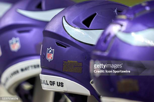 Detail view of a NFL crest logo is seen on the back of a Minnesota Vikings helmet during a game between the Chicago Bears and the Minnesota Vikings...
