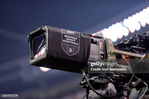 Detail view of a broadcast camera is seen with the NFL crest and ESPN Monday Night Football logo on it during a game between the Chicago Bears and...