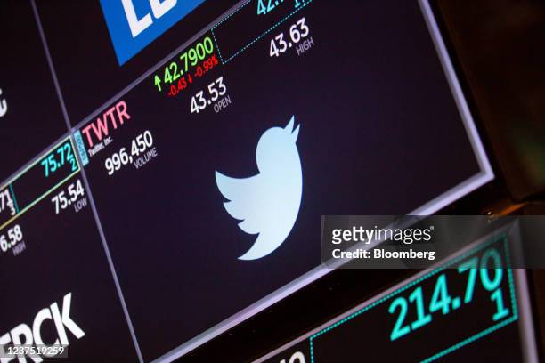 Twitter signage on the floor of the New York Stock Exchange in New York, U.S., on Monday, Jan. 3, 2022. As 2022 begins, the overriding message from...