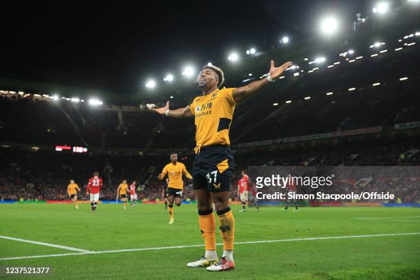 Adama Traore of Wolverhampton Wanderers celebrates their winner during the Premier League match between Manchester United and Wolverhampton Wanderers...