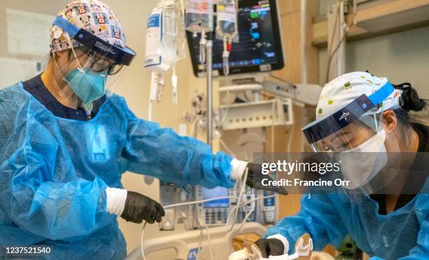 Registered nurse Akiko Gordon, left, and Repertory Therapist Janssen Redondo, right, are working inside the ICU with a covid-19 positive patient at...