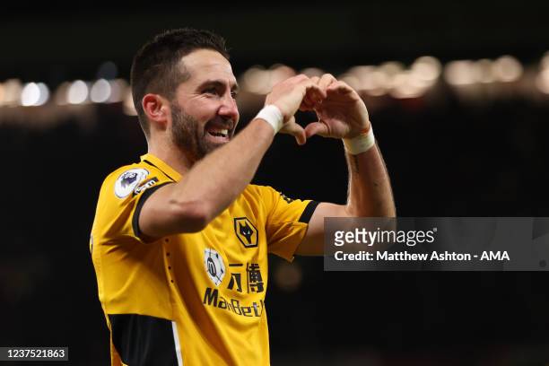 Joao Moutinho of Wolverhampton Wanderers celebrates after scoring a goal to make it 0-1 during the Premier League match between Manchester United and...