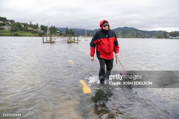 Reed Freidinger walks with his dog along a flooded Sausalito/Mill Valley bike path during the "King Tide" in Mill Valley, California on Jananury 3,...