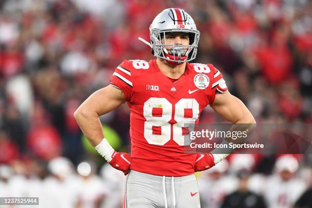 Ohio State Buckeyes tight end Jeremy Ruckert looks on during the Rose Bowl game between the Ohio State Buckeyes and the Utah Utes on January 1, 2022...