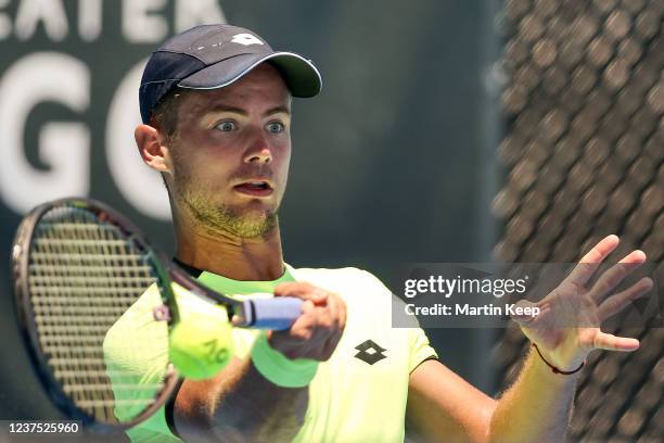 Enzo Couacaud of France hits a forehand during his men's singles round of 32 match against Nicolás Kicker of Argentina during day three of the 2022...