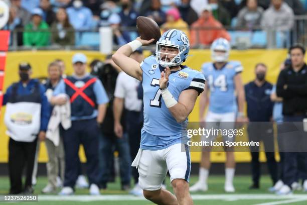 Sam Howell quarterback of North Carolina during the Duke's Mayo Bowl college football game between the North Carolina Tar Heels and the South...