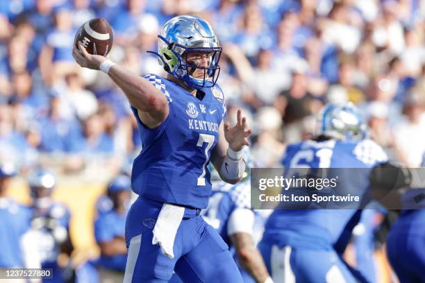 Kentucky Wildcats quarterback Will Levis during the Verb Citrus Bowl game between the Iowa Hawkeyes and the Kentucky Wildcats on January 1, 2022 at...