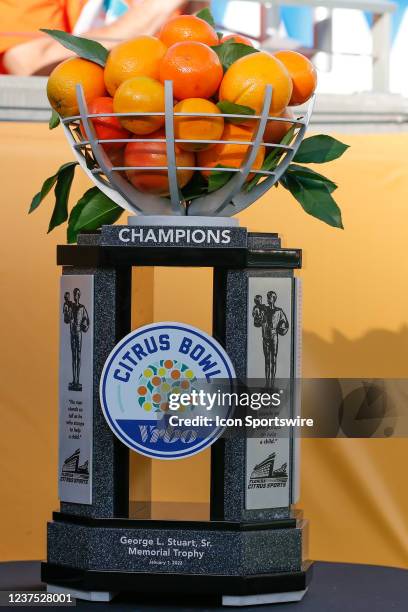 Detailed view of the George L. Stewart, Sr. Trophy during the Verb Citrus Bowl game between the Iowa Hawkeyes and the Kentucky Wildcats on January 1,...