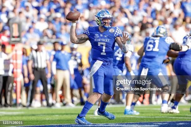 Kentucky Wildcats quarterback Will Levis during the Verb Citrus Bowl game between the Iowa Hawkeyes and the Kentucky Wildcats on January 1, 2022 at...