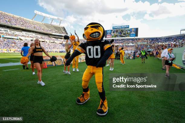Herky the Hawk, the Iowa Hawkeyes mascot during the Verb Citrus Bowl game between the Iowa Hawkeyes and the Kentucky Wildcats on January 1, 2022 at...